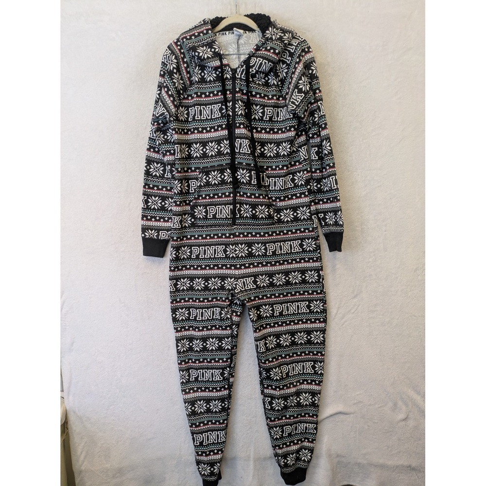 PINK One Piece Pajamas Women's S Black Fair Isle Hooded Sherpa Zip‎ Suit